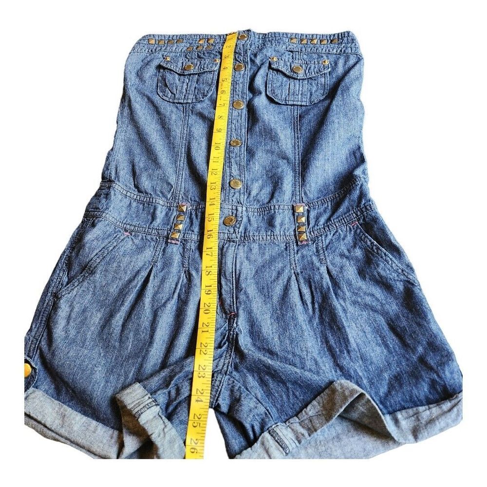 Womens Southpole Blue‎ Denim Romper Jumper Sz Medium Gold Sequin Y2K Shorts Logo - Picture 6 of 13